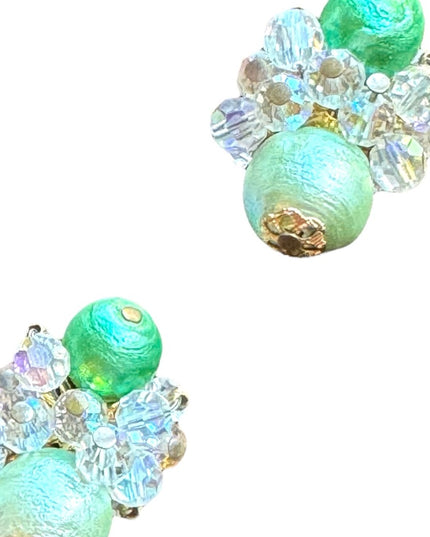 Vintage Vendome gold finish crystal bead  c1950s clip on green earrings