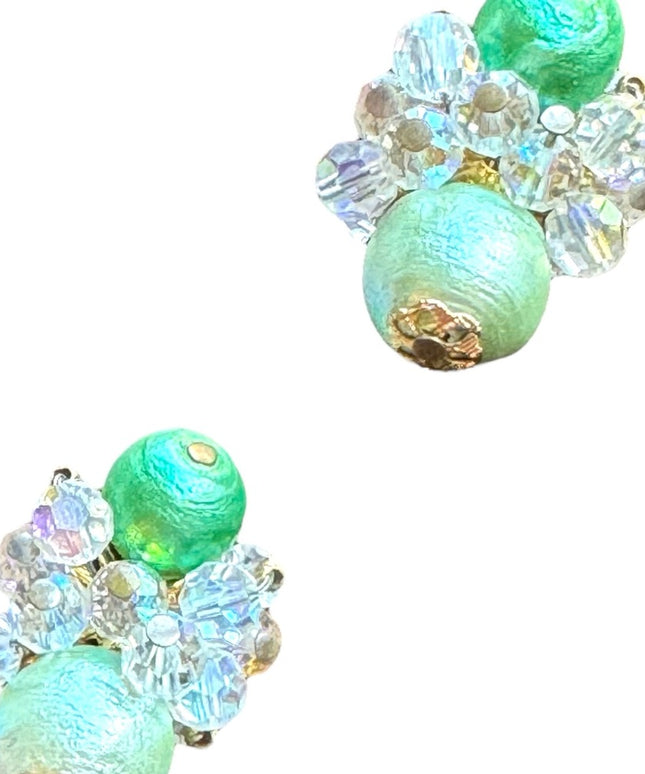 Vintage Vendome gold finish crystal bead  c1950s clip on green earrings