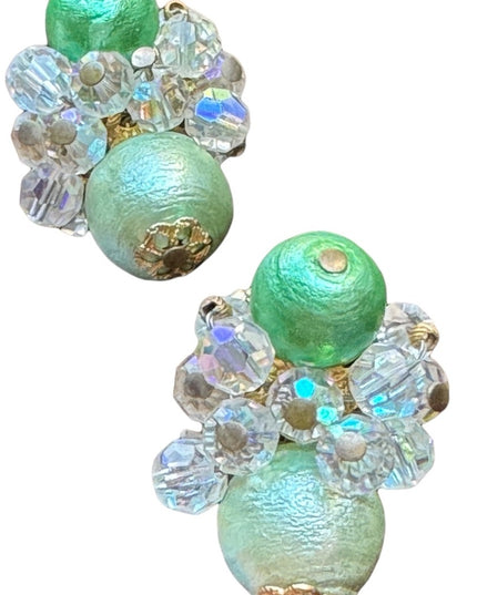 Vintage Vendome gold finish crystal bead  c1950s clip on green earrings