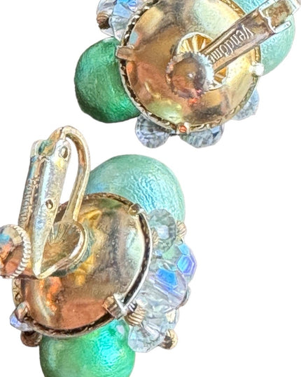 Vintage Vendome gold finish crystal bead  c1950s clip on green earrings