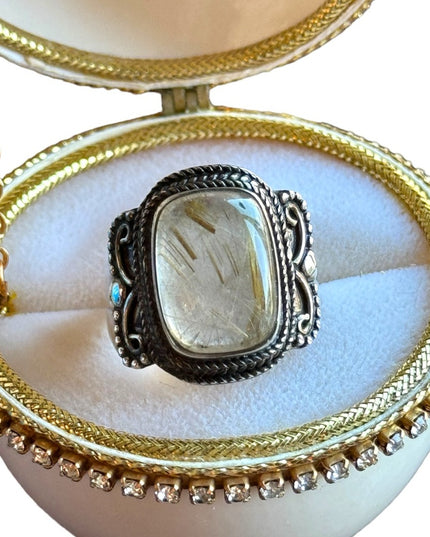 Vintage sterling silver 925 Balenisian Thai silver Rutilated quartz Fancy ring