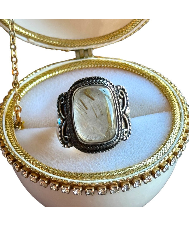 Vintage sterling silver 925 Balenisian Thai silver Rutilated quartz Fancy ring