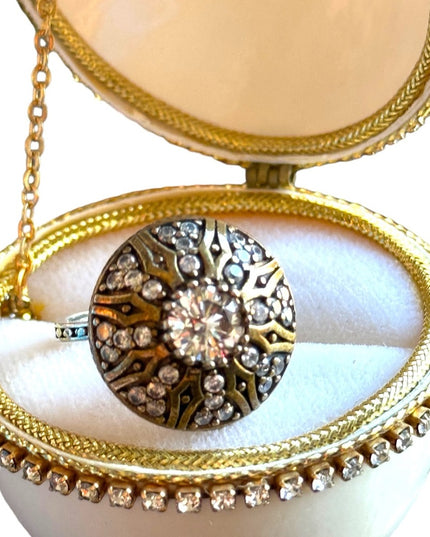Vintage Antique Revival brassy gold filagree sterling CZ statement ring sz 8
