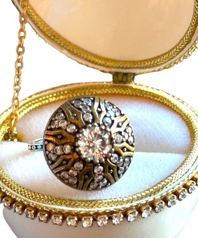 Vintage Antique Revival brassy gold filagree sterling CZ statement ring sz 8