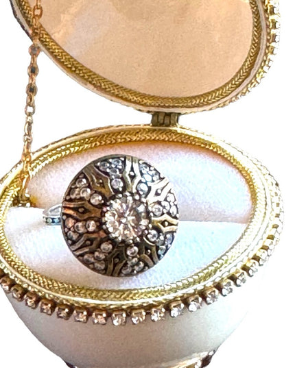 Vintage Antique Revival brassy gold filagree sterling CZ statement ring sz 8