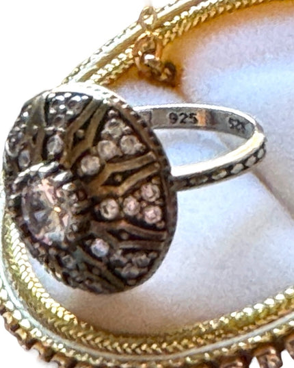 Vintage Antique Revival brassy gold filagree sterling CZ statement ring sz 8