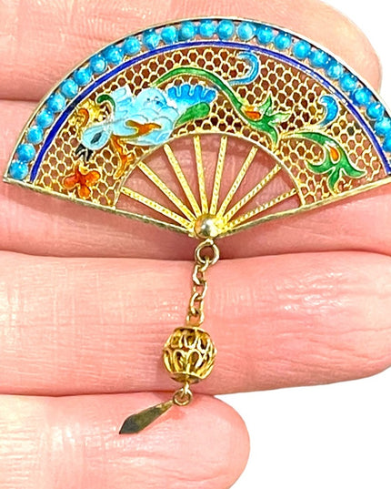 Antique Chinese Export filagree Gold wash bird fan brooch enameled