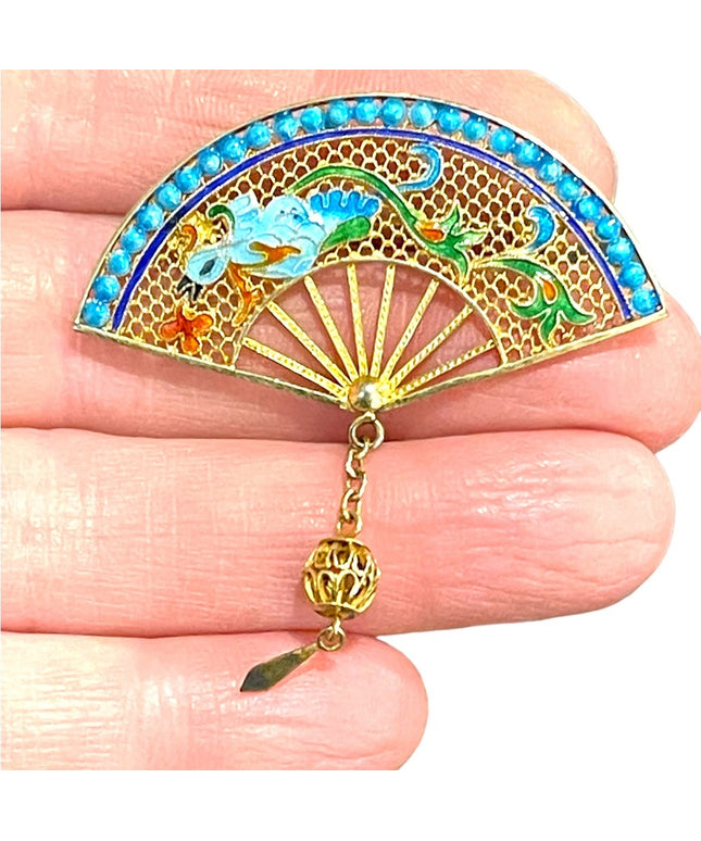 Antique Chinese Export filagree Gold wash bird fan brooch enameled