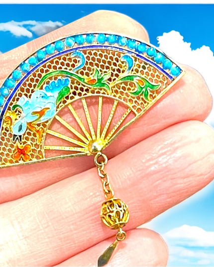 Antique Chinese Export filagree Gold wash bird fan brooch enameled
