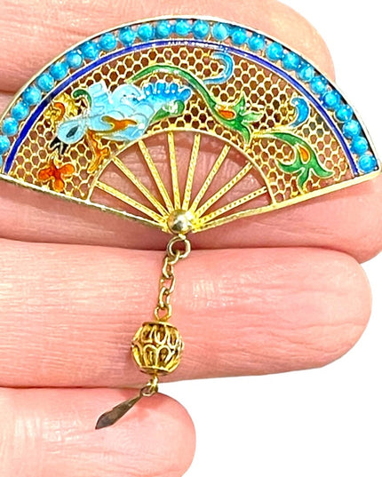 Antique Chinese Export filagree Gold wash bird fan brooch enameled