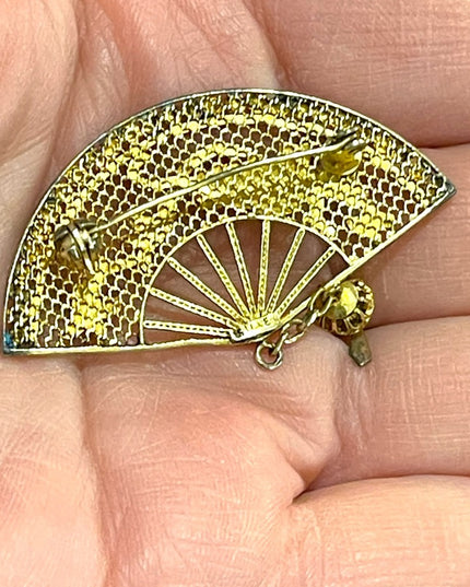 Antique Chinese Export filagree Gold wash bird fan brooch enameled