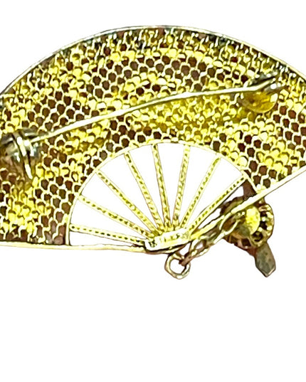 Antique Chinese Export filagree Gold wash bird fan brooch enameled