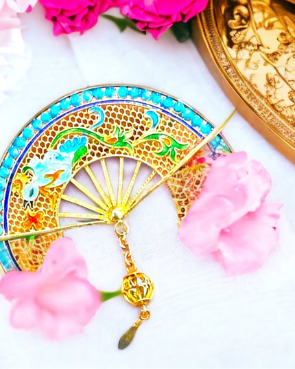 Antique Chinese Export filagree Gold wash bird fan brooch enameled