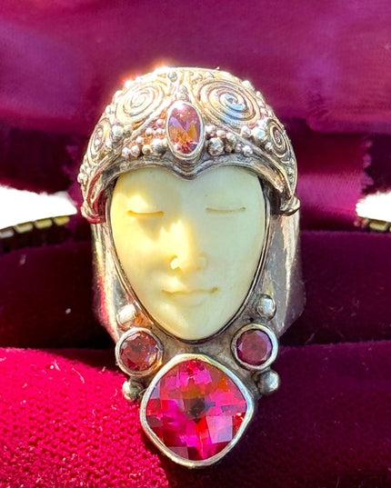 RARE Sajen Goddess Large Ruby Amethyst Garnet sterling silver 925 Ring c2004