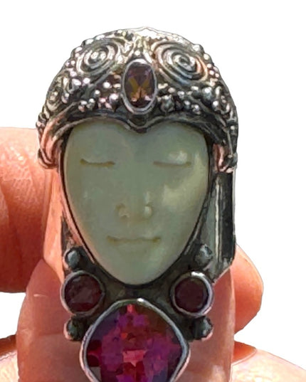 RARE Sajen Goddess Large Ruby Amethyst Garnet sterling silver 925 Ring c2004