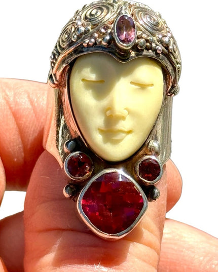 RARE Sajen Goddess Large Ruby Amethyst Garnet sterling silver 925 Ring c2004