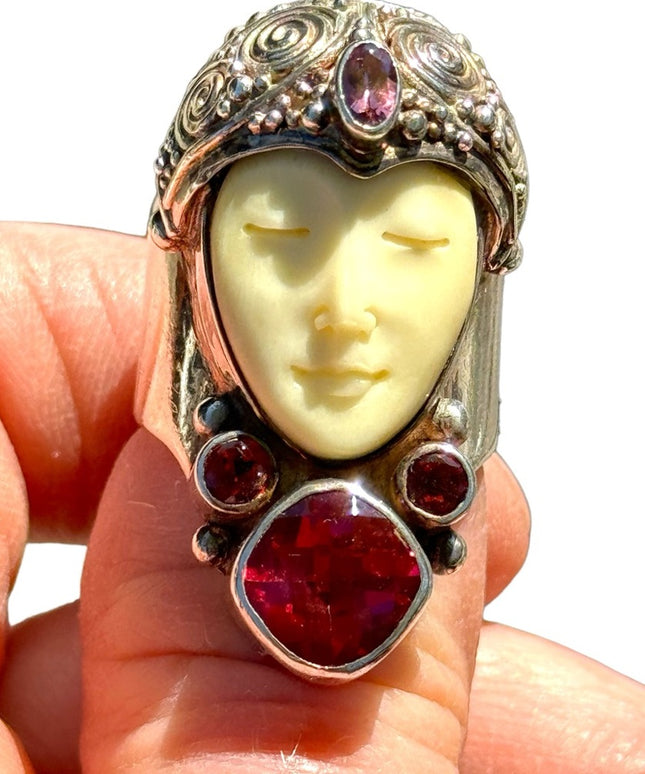 RARE Sajen Goddess Large Ruby Amethyst Garnet sterling silver 925 Ring c2004