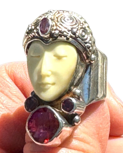 RARE Sajen Goddess Large Ruby Amethyst Garnet sterling silver 925 Ring c2004