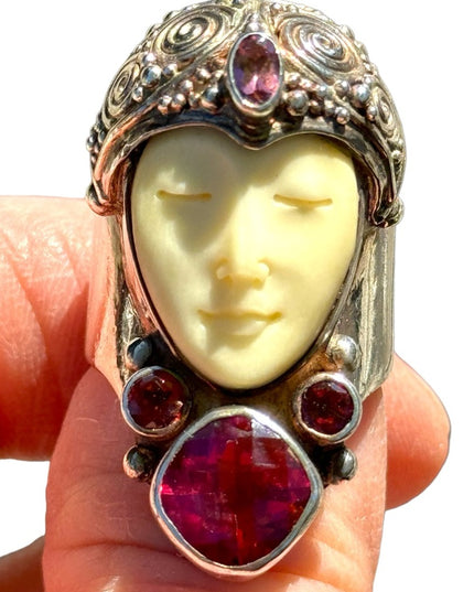 RARE Sajen Goddess Large Ruby Amethyst Garnet sterling silver 925 Ring c2004