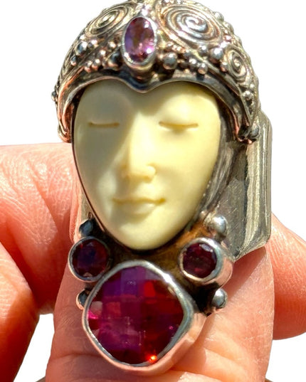 RARE Sajen Goddess Large Ruby Amethyst Garnet sterling silver 925 Ring c2004