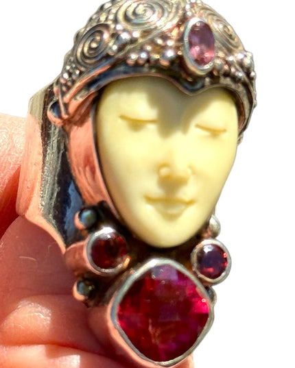 RARE Sajen Goddess Large Ruby Amethyst Garnet sterling silver 925 Ring c2004