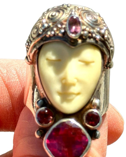 RARE Sajen Goddess Large Ruby Amethyst Garnet sterling silver 925 Ring c2004