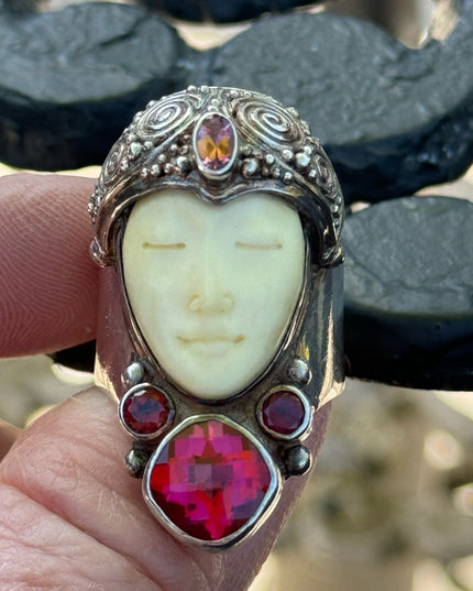 RARE Sajen Goddess Large Ruby Amethyst Garnet sterling silver 925 Ring c2004