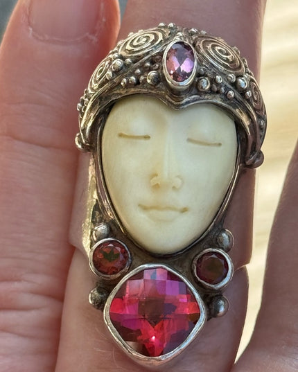 RARE Sajen Goddess Large Ruby Amethyst Garnet sterling silver 925 Ring c2004