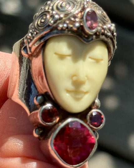 RARE Sajen Goddess Large Ruby Amethyst Garnet sterling silver 925 Ring c2004