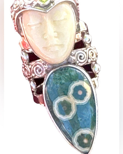 RARE Sajen Ocean Jasper & Peridot Large Goddess sterling silver 925 ring C2004