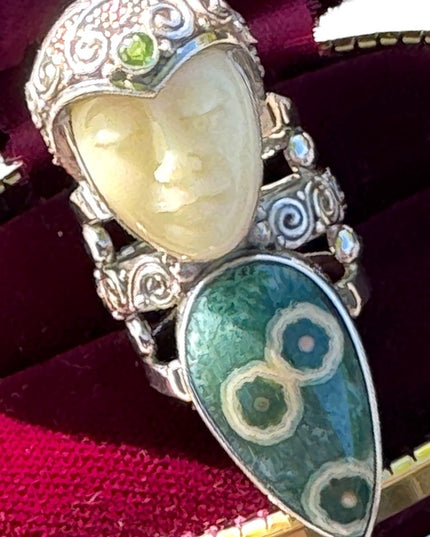 RARE Sajen Ocean Jasper & Peridot Large Goddess sterling silver 925 ring C2004