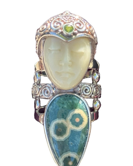 RARE Sajen Ocean Jasper & Peridot Large Goddess sterling silver 925 ring C2004