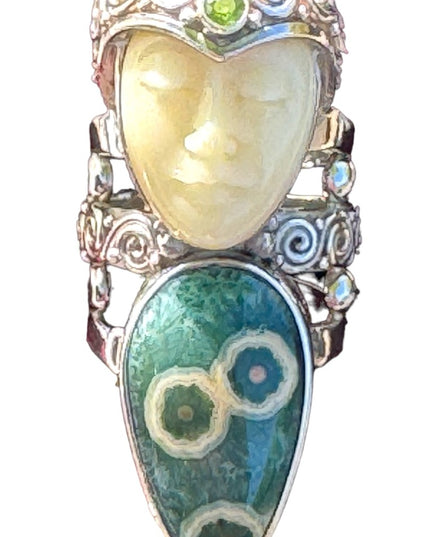 RARE Sajen Ocean Jasper & Peridot Large Goddess sterling silver 925 ring C2004
