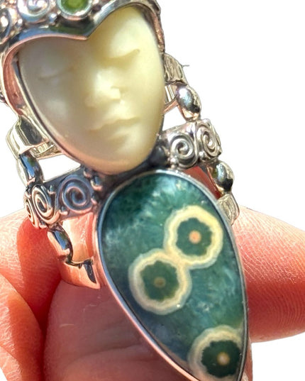 RARE Sajen Ocean Jasper & Peridot Large Goddess sterling silver 925 ring C2004