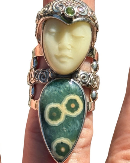 RARE Sajen Ocean Jasper & Peridot Large Goddess sterling silver 925 ring C2004