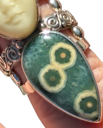RARE Sajen Ocean Jasper & Peridot Large Goddess sterling silver 925 ring C2004