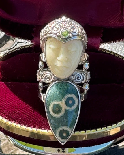 RARE Sajen Ocean Jasper & Peridot Large Goddess sterling silver 925 ring C2004