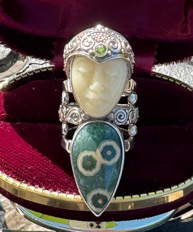 RARE Sajen Ocean Jasper & Peridot Large Goddess sterling silver 925 ring C2004
