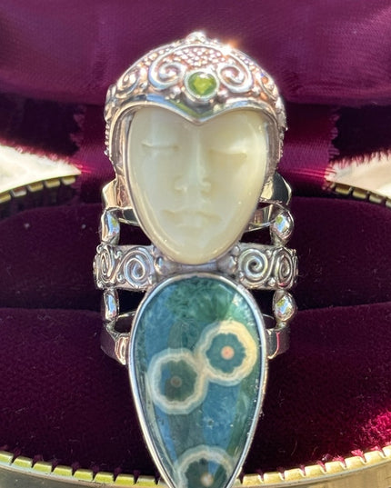 RARE Sajen Ocean Jasper & Peridot Large Goddess sterling silver 925 ring C2004