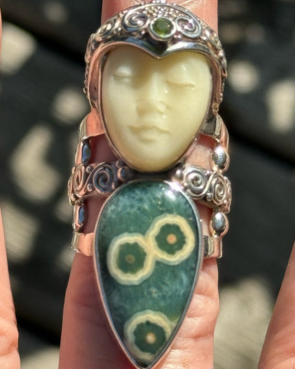RARE Sajen Ocean Jasper & Peridot Large Goddess sterling silver 925 ring C2004