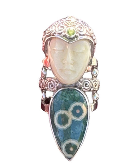 RARE Sajen Ocean Jasper & Peridot Large Goddess sterling silver 925 ring C2004