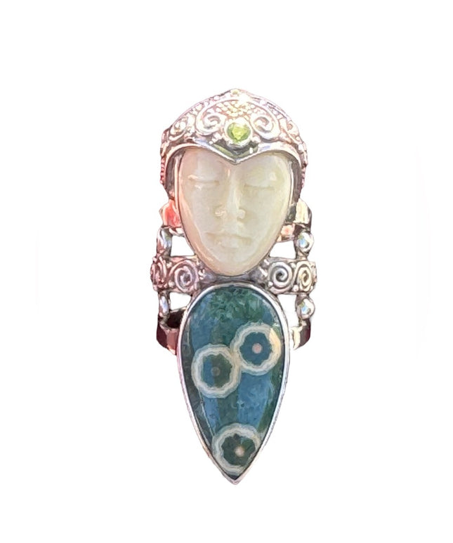 RARE Sajen Ocean Jasper & Peridot Large Goddess sterling silver 925 ring C2004