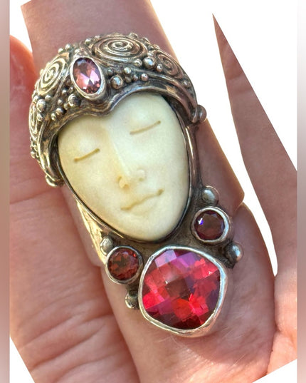 RARE Sajen Goddess Large Ruby Amethyst Garnet sterling silver 925 Ring c2004