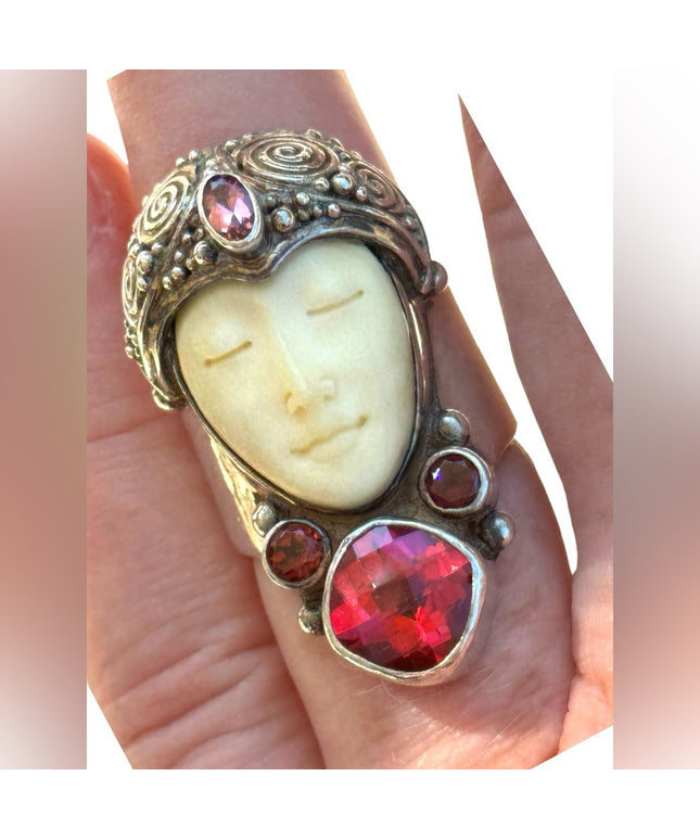 RARE Sajen Goddess Large Ruby Amethyst Garnet sterling silver 925 Ring c2004