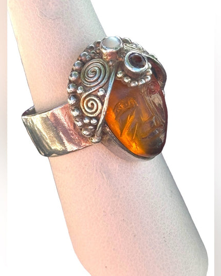 RARE SAJEN 925 AMBER FIBER OPTIC GLASS GODDESS HEADRESS GARNET sterling silver