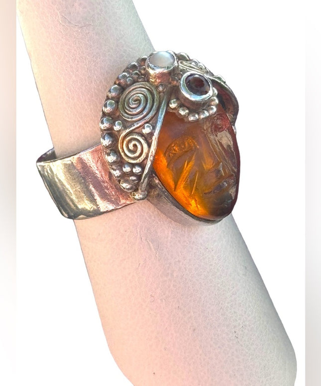 RARE SAJEN 925 AMBER FIBER OPTIC GLASS GODDESS HEADRESS GARNET sterling silver