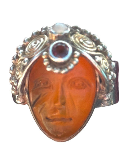 RARE SAJEN 925 AMBER FIBER OPTIC GLASS GODDESS HEADRESS GARNET sterling silver