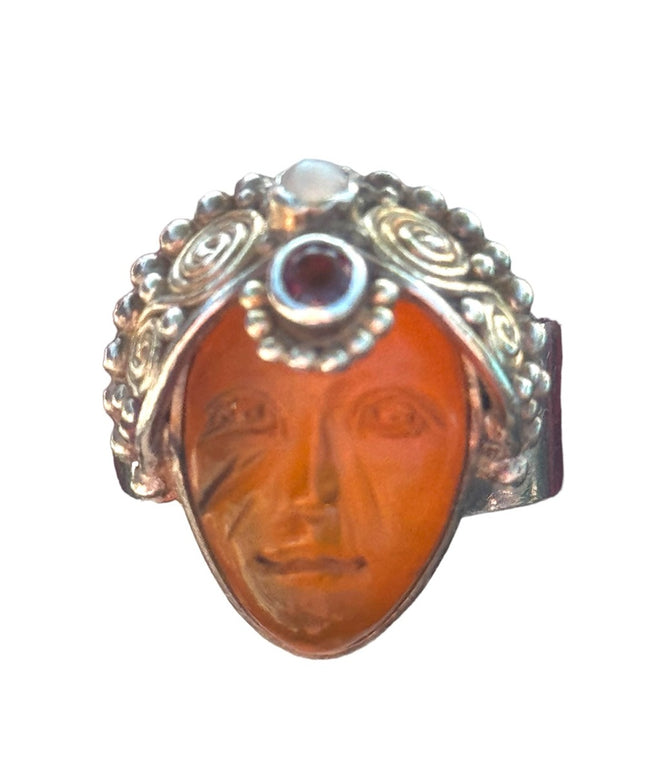 RARE SAJEN 925 AMBER FIBER OPTIC GLASS GODDESS HEADRESS GARNET sterling silver