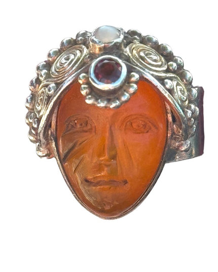 RARE SAJEN 925 AMBER FIBER OPTIC GLASS GODDESS HEADRESS GARNET sterling silver