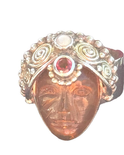 RARE SAJEN 925 AMBER FIBER OPTIC GLASS GODDESS HEADRESS GARNET sterling silver